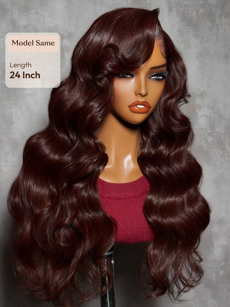 [200% Density] UNice Glueless 100% Human Hair Bye-Bye Knots™ 7x5 Lace Dark Auburn Side Part Big Bouncy Wave Wig with Invisi Drawstring