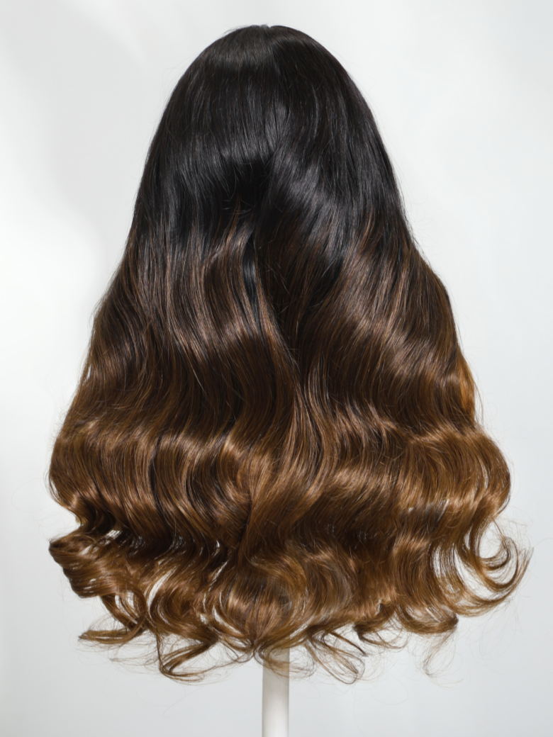 Invisi Drawstring EasiContour™ V Part Black to Chestnut Brown Ombre Body Wave Wig