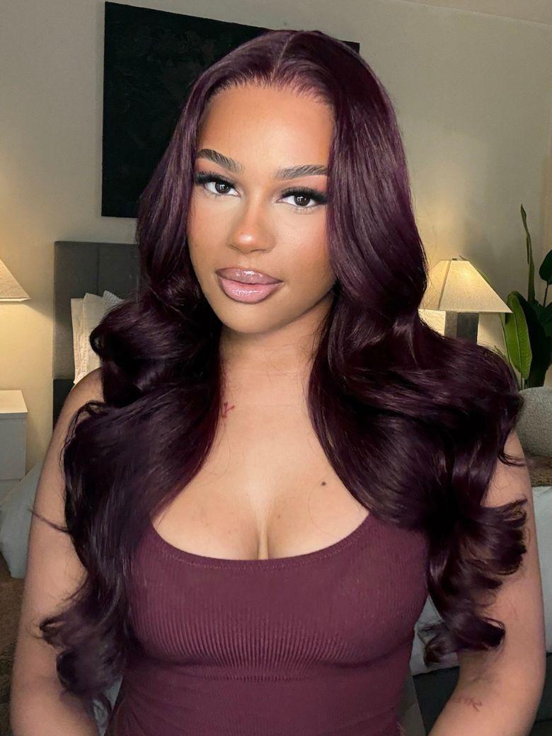 From 20" 13x4 Pre Everything Purple Black Cherry Layered Straight& Loose Wave With Invisi Drawstring Wig