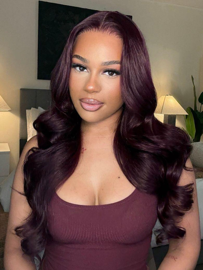 [22"=$119] Bye-Bye Knots™ 13x4 Lace Frontal Purple Black Cherry Layered Straight & Loose Wave With Invisi Drawstring Wig