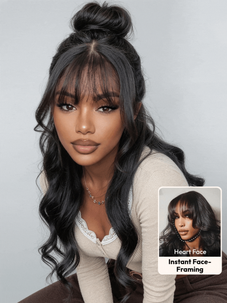 7x5 ByeBye Knots™ Black Fluffy Natural Loose Wave Curtain Bangs Wig