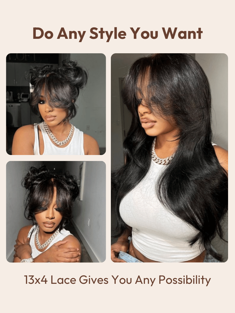 7x5 ByeBye Knots™ Lace Bouncy Black Fluffy Natural Loose Wave Curtain Bangs Wig