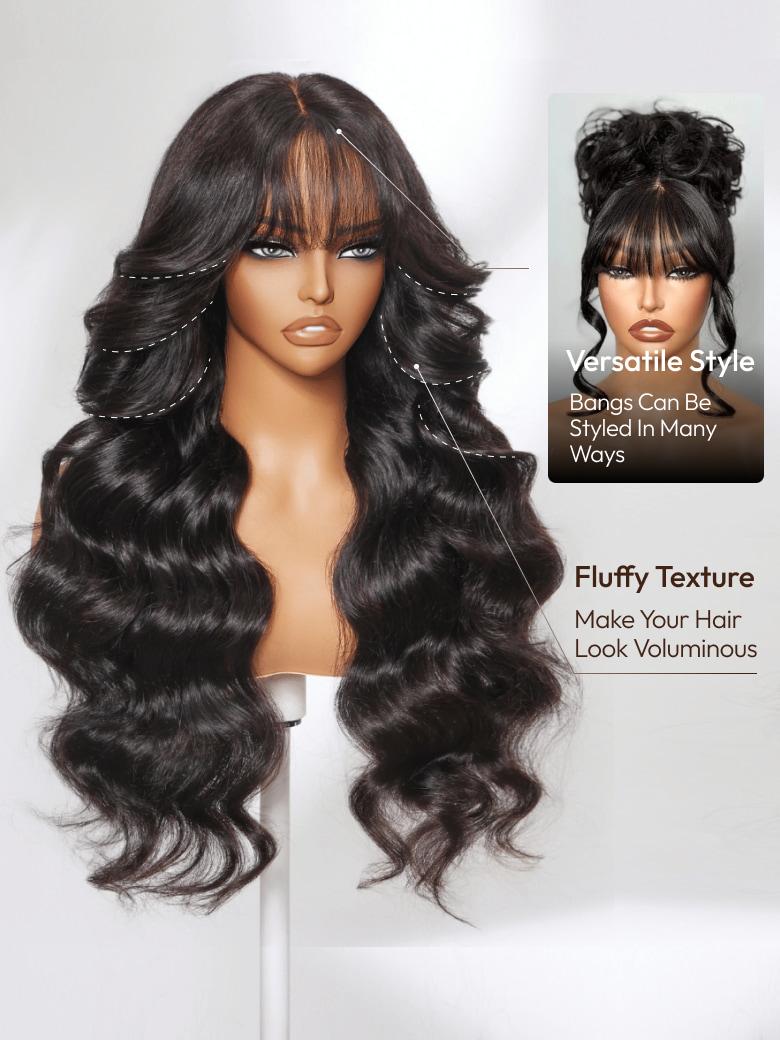 [Hottest New Arrival]UNice 13x4 Pre-Everything Lace Frontal Black Fluffy Natural Loose Wave Curtain Bangs Wig