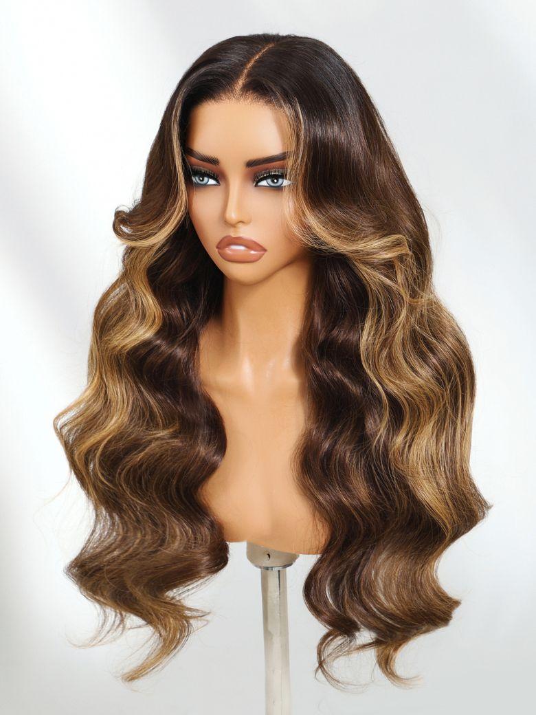 UNice 13x4 Pre-Everything™ Lace Frontal Brown with Honey Blonde Highlights Loose Wave Drawstring Wig with Face Framing Layers