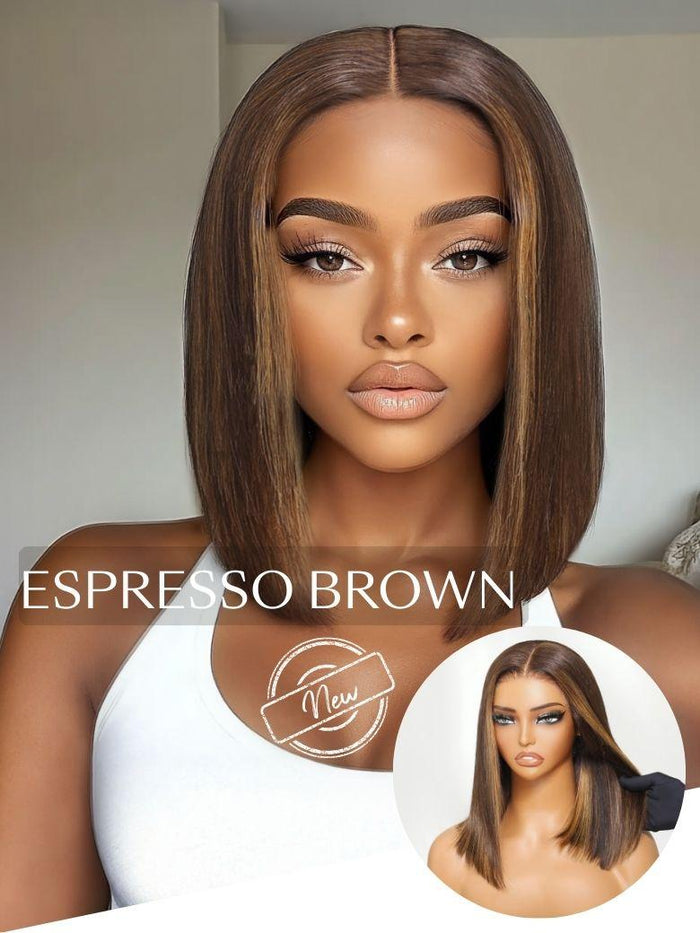UNice Espresso Brown With Highlights Bye-Bye Knots 7x5 Lace Middle Part Blunt Bob Wig & 13x4 Loose Wave Wig
