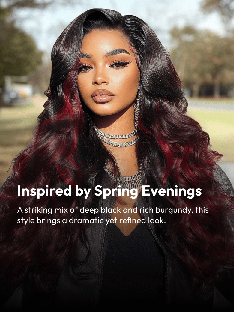 UNice Bye-Bye Knots 7x5 Lace Loose Wave Burgundy Highlights Wig with Face Framing Layers