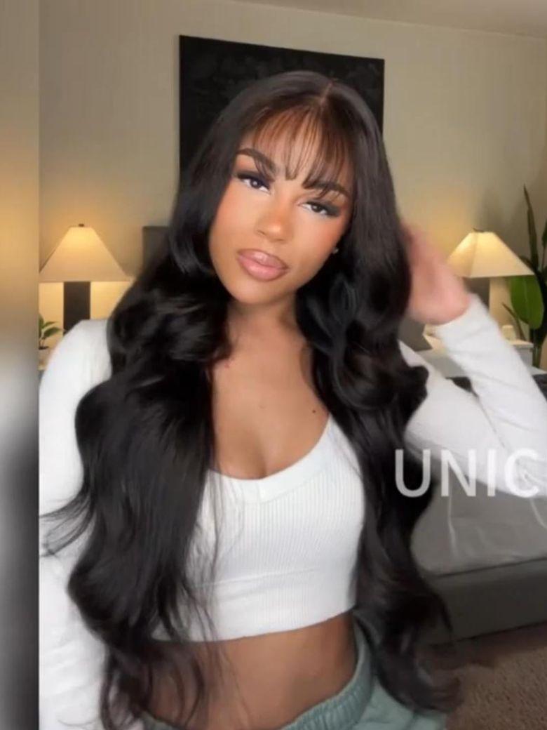 From 24'' 13x4 Pre-Everything Lace Frontal Pull And Go Black Fluffy Natural Loose Wave Curtain Bangs Wig with Invisi Drawstring