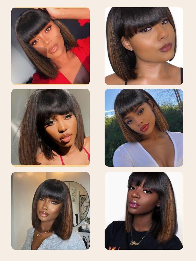 [Yaki Texture] Balayage Highlights 4x2 Lace Yaki Straight Bob Wig with Bang 150% Density