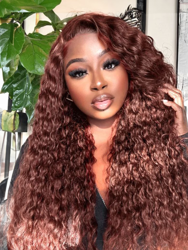 13x4 Pre Everything Glueless Lace Frontal Wig Reddish Brown Water Wave Wig Pre-Cut & Pre-Pluck &  Pre-Bleached Pre-Everything Wig 150 Density