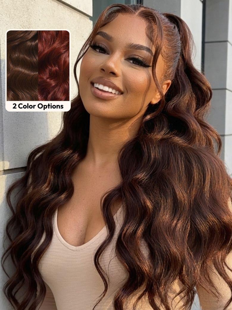 UNice 100% Human Hair Glueless Auburn Brown 13x4 Pre-Everything™ Lace Frontal Loose Wave Wig with Invisi Drawstring & Face Framing Layers 150% Density