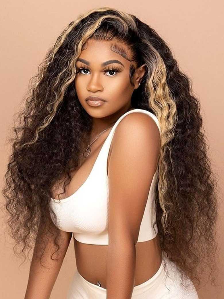 [22"=$112] 180% Density Pre-Cut 6x4.5 Glueless Lace Honey Brown Highlights Jerry Curly Wig With Bleached Knots