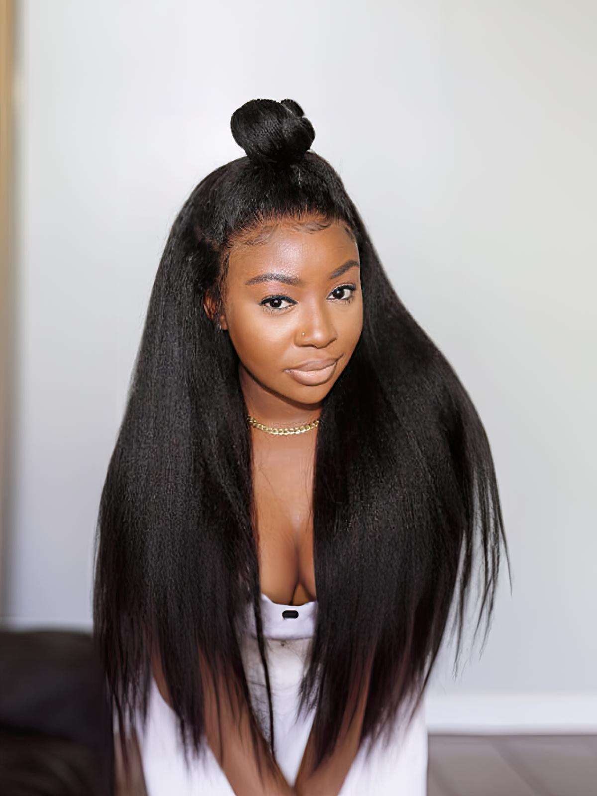 [From 18"] 6x4.5 Pre Cut Lace Put On And Go Glueless Kinky Straight 150% Density Black Air Wig