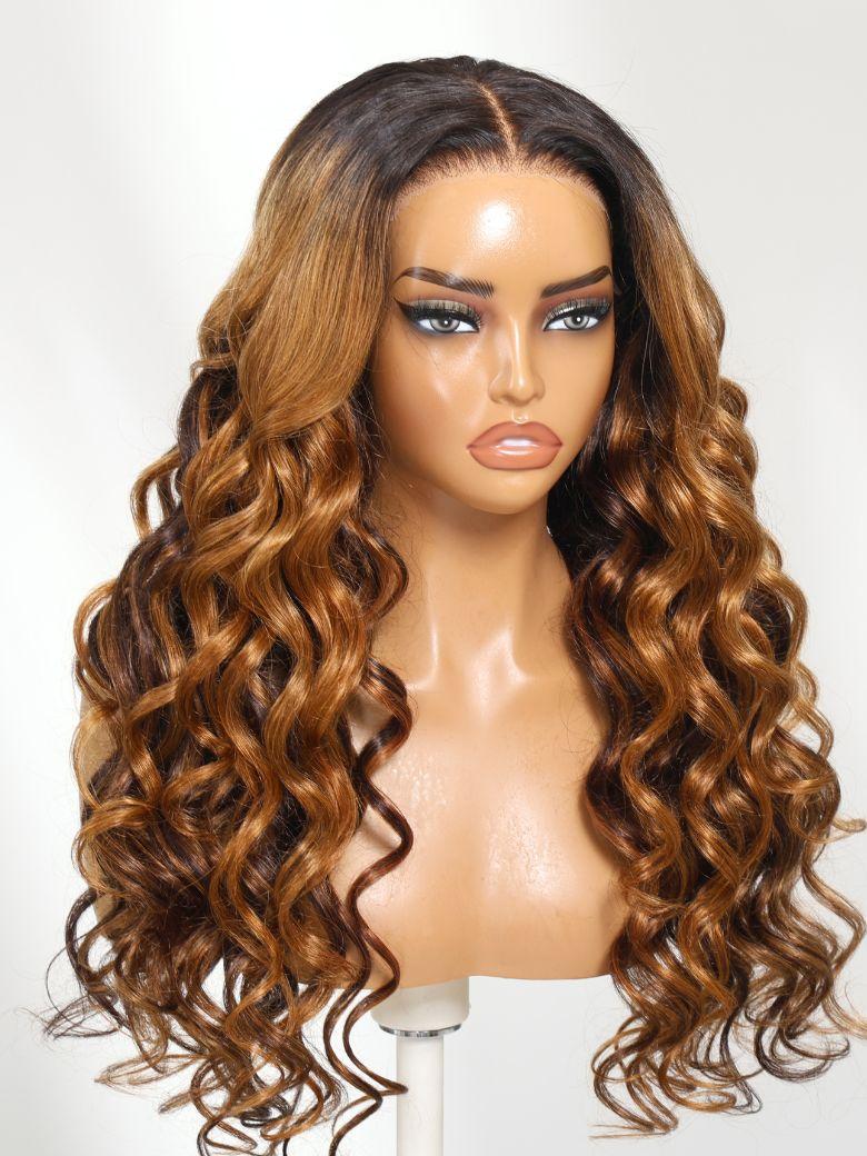 UNice 13x4 Pre-Everything™ Lace Frontal Brown Balayage Loose Wave Glueless Drawstring Wig with Layered Curtain Bangs