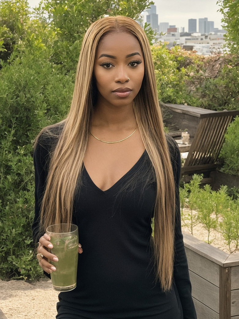 [20"=$105] Put On And Go 6x4.5 Pre Cut Lace with Baby Hair Honey Blonde Highlights Straight Hair Air Wig