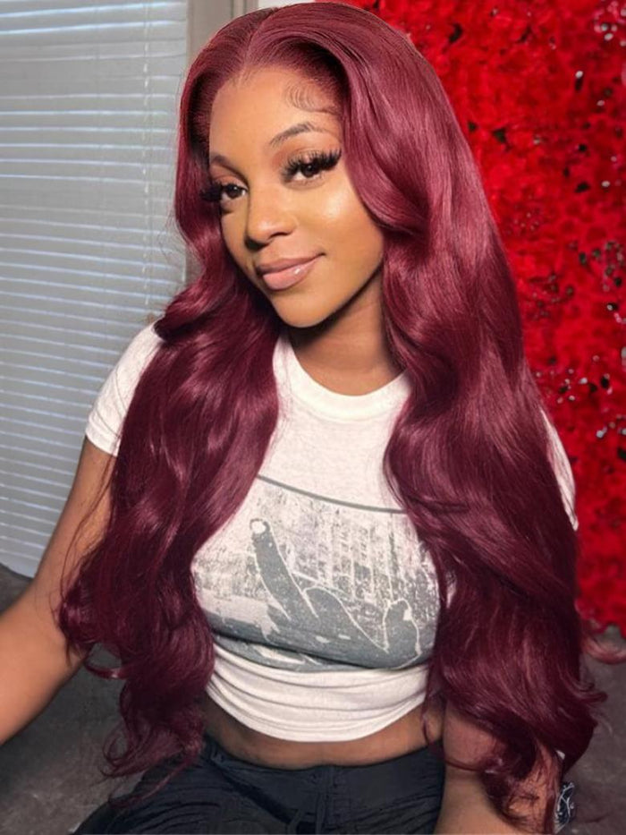 [24"=$89] Body Wave Super Bouncy Middle 4x0.75 Lace Part Burgundy 100% Human Hair Wigs