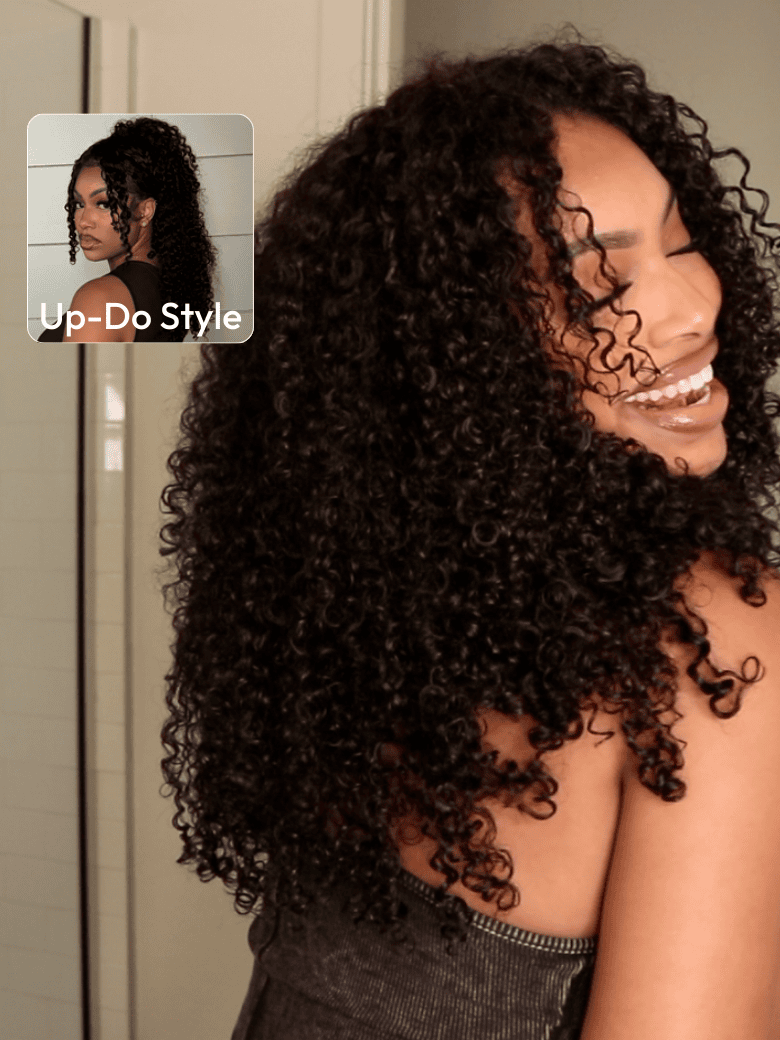 EasiContour™ V Part Minimal Glueless Curly Glueless Wig With Invisi Drawstring 100% Human Hair 150% Density