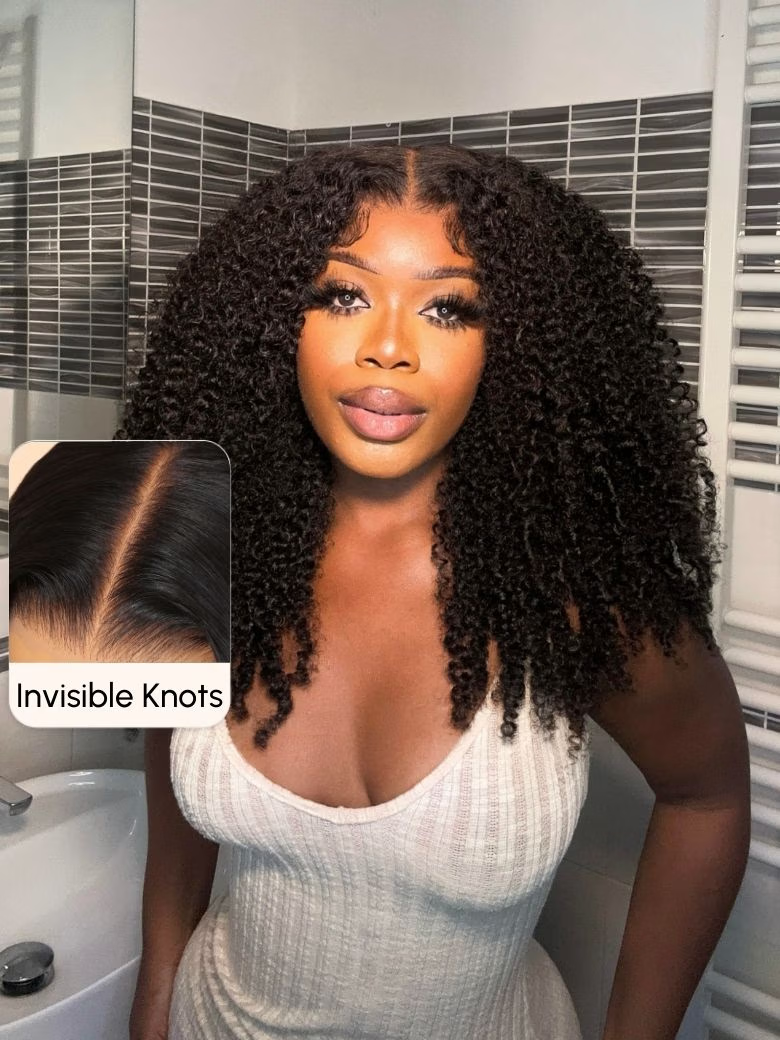 [$100-$50] $99 Get 22 Inch Kinky Curly Super Bouncy Middle Part Lace Natural Black Human Hair Wigs