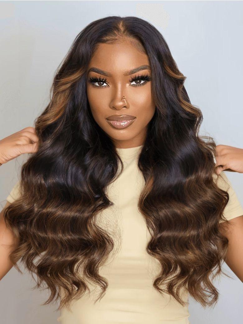 7x5 Bye Bye Knots Wig Lace Black to Chestnut Brown Ombre Loose Wave Wig With Bleached Knots 150% Density