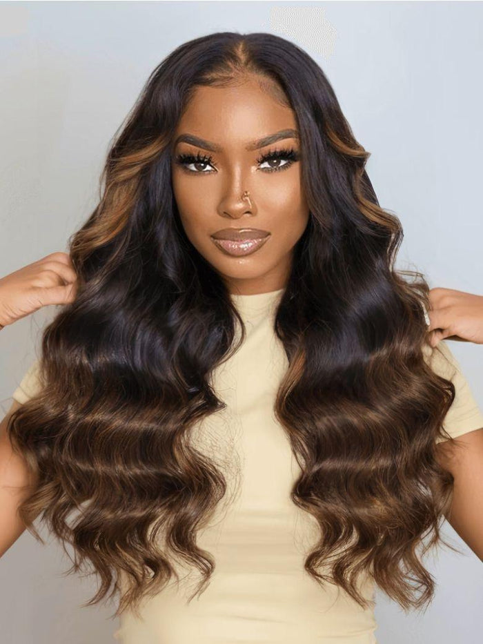 7x5 Bye Bye Knots Wig Lace Black to Chestnut Brown Ombre Loose Wave Wig With Bleached Knots 150% Density