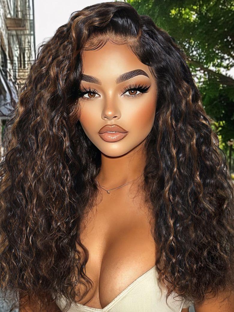 UNice 7x5 Bye-Bye Slip Lace Water Wave Black Wig With Golden Brown Highlights 150% Density Perfect Beach