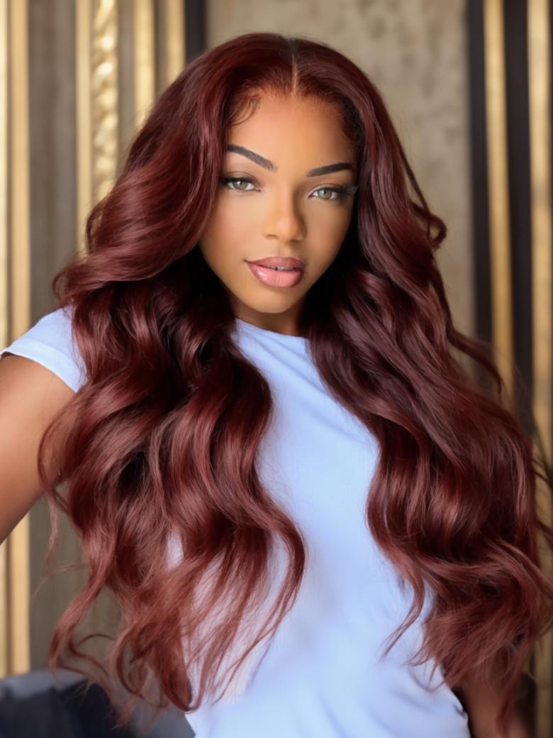13X4 Lace Front Glueless Lace Flattering Sun-Kissed Warm Tones Reddish Brown Body Wave Bleached Knots Wig
