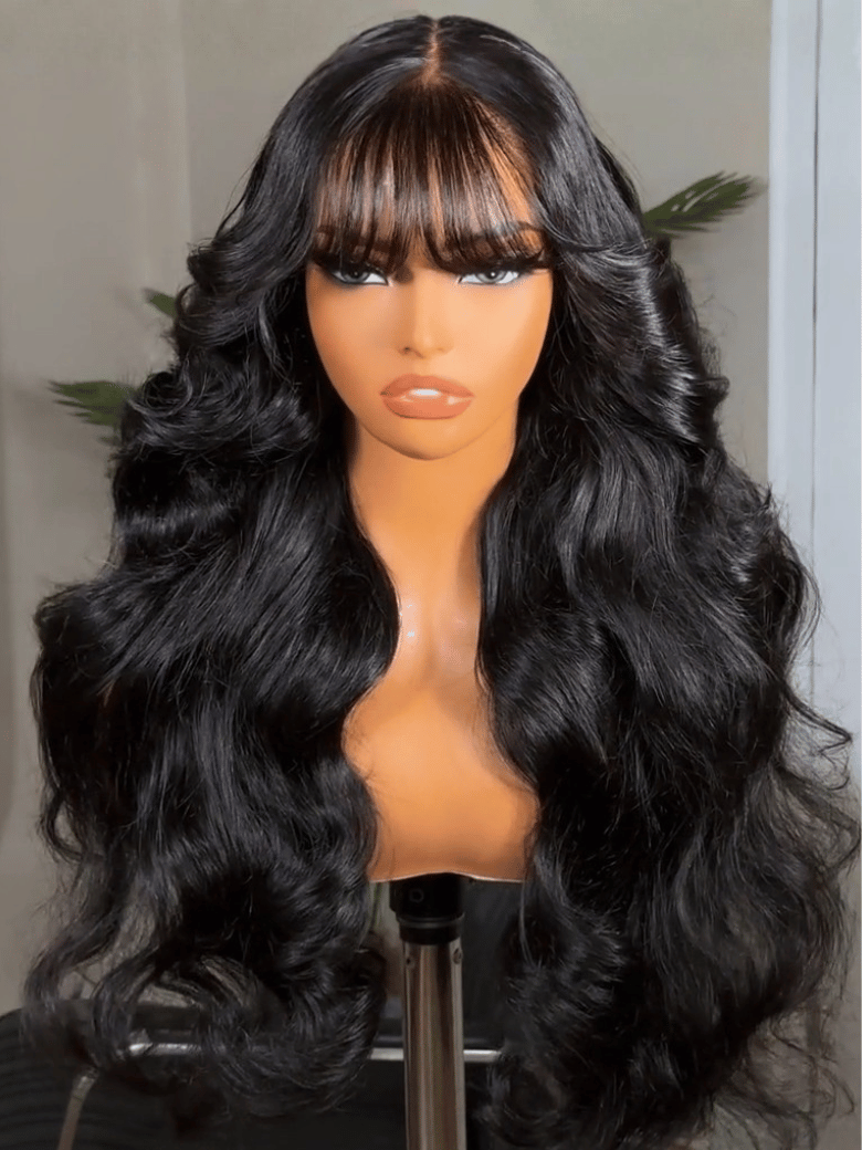 Unice 13x4 Pre-Everything Lace Frontal Wig Fluffy Natural Loose Wave Curtain Bangs Wig With Invisi Drawstring