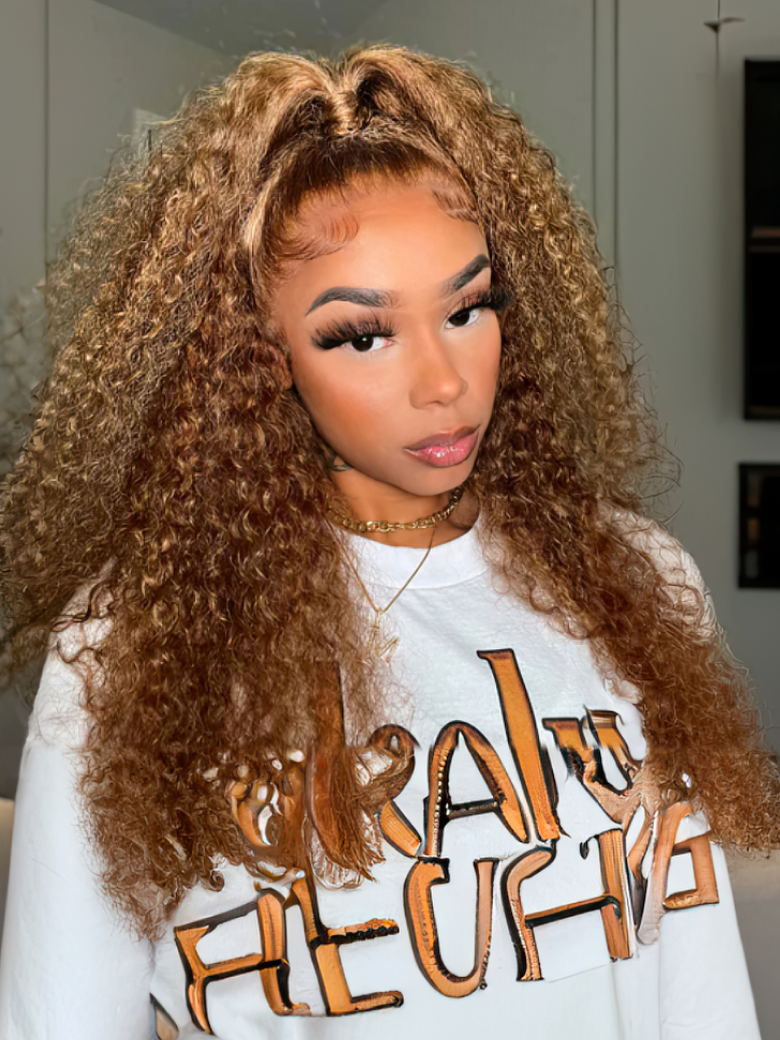 [From 20"] 200% Density 6x4.5 Pre Cut Lace 200% Density Honey Blonde Highlights Perfect Color Curly Air Wig