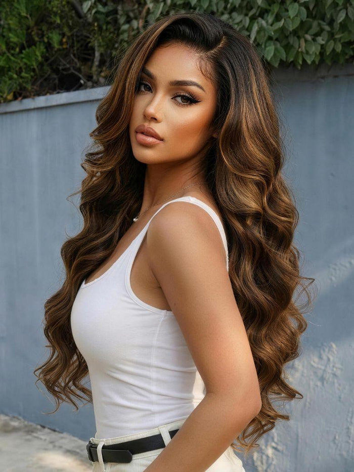 UNice 7x5 Bye Bye Slip™ Lace Caramel Highlights on Chocolate Brown with Dark Roots Body Wave Glueless Wig with Side Part Bangs
