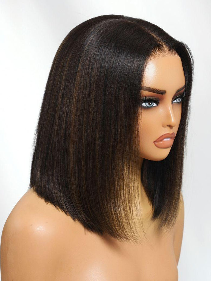 UNice Bye-Bye Knots™ 7x5 Pre-cut Lace Natural Black with Caramel Brown Highlight Yaki Straight Bob Wig
