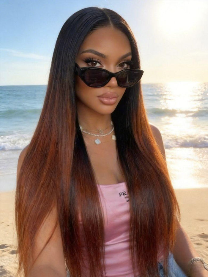 [18 Inch =$59] UNice EasiContour™ V Part Black to Reddish Brown Ombre Yaki Straight Wig