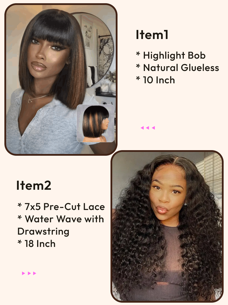 2 Wigs $195 for 7x5 Bye Bye Knots Water Wave 18" With Drawstring And Highlight Glueless Bob Wigs