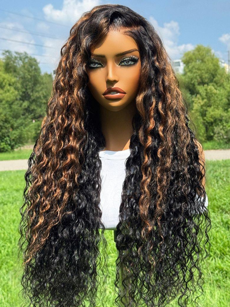 UNice Bye-Bye Knots™ 7x5 Lace Black with Caramel Piano Highlights Water Wave Wig With Invisi Drawstring 150% Density