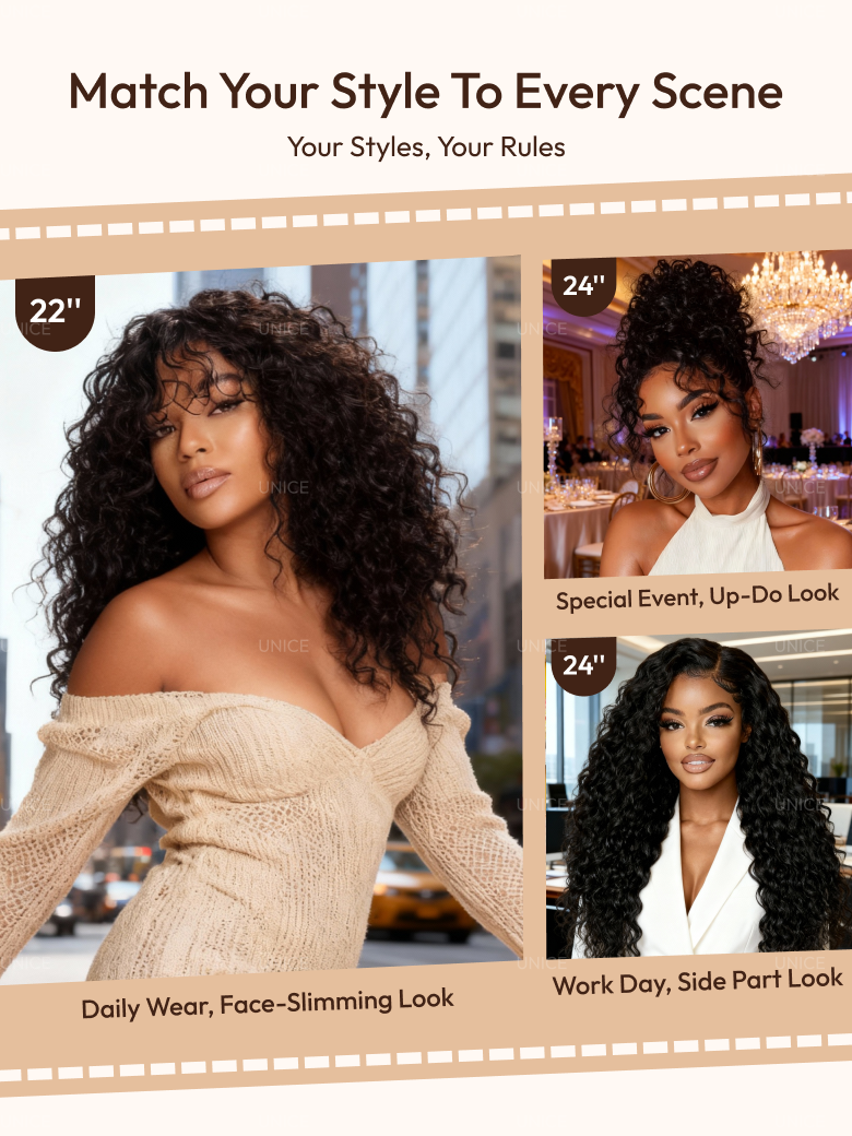 UNice Full Lace 100% Handmade Invisible Black Water Wave Human Hair 180% Density Wigs