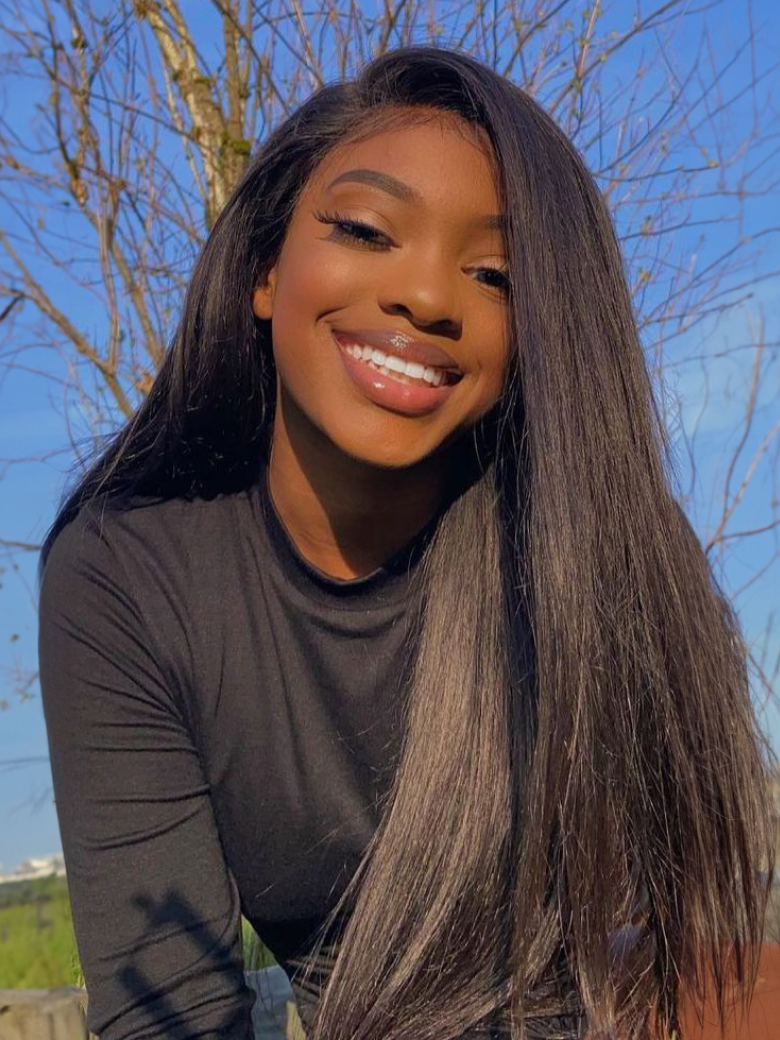 7x5 Bye Bye Knots Wig Glueless Lace Black Yaki Wig With Bleached Knots 150% Density