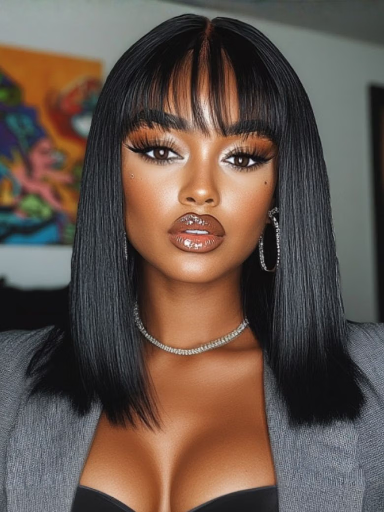 Straight Bob Black Wig Human Hair Glueless Wig with Blunt Bangs 150% Density