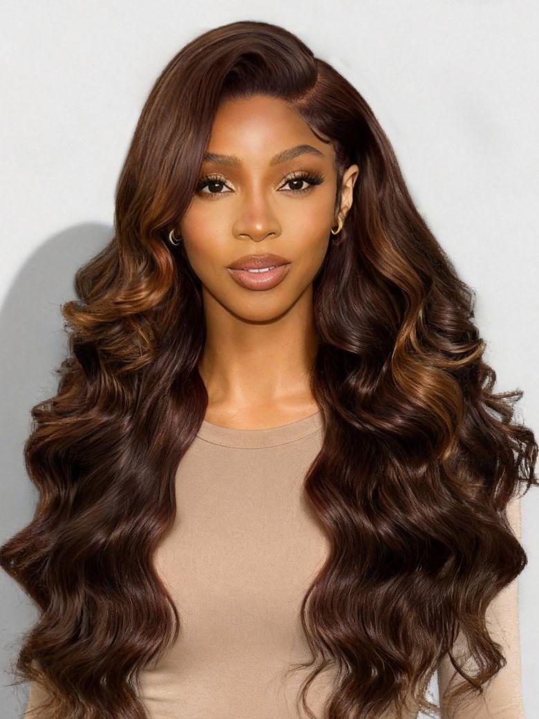 UNice 13x4 Pre-Everything™ Lace Frontal Cinnamon Brown Body Wave Drawstring Wig with Side-Swept Bangs