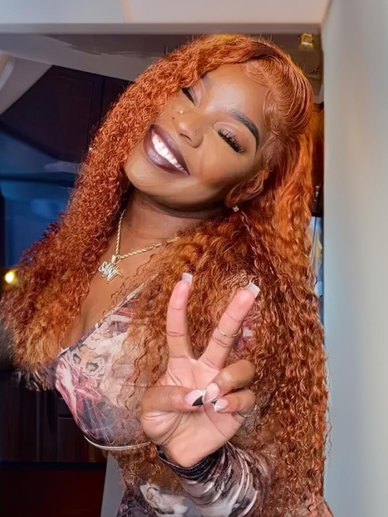 [22in=$106] Hot Ginger Color Glueless Lace Jerry Curly Human Hair Lace Part Wig 150% Density