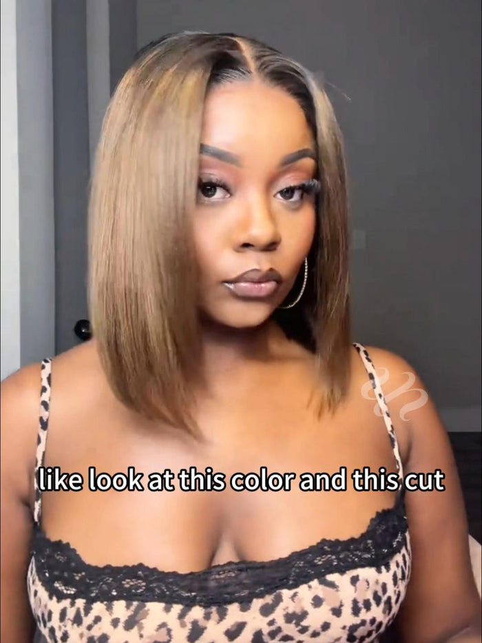 14" Chic 7x5 byebye knots Chestnut Brown Ombre Bob Wig& Black Brown Bob Wig 4x2 Lace with Bangs Effortless Style Wig