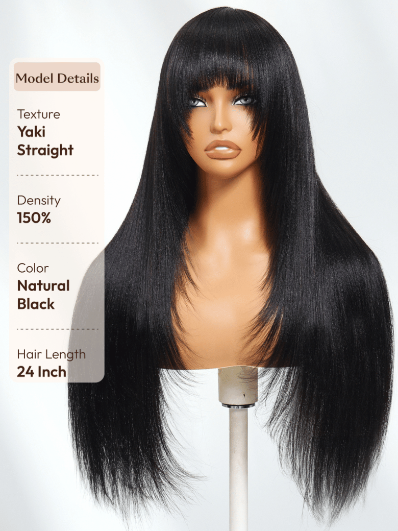 UNice 7x5 Bye-Bye Knots Lace Frontal Pull And Go Fluffy Natural Black Loose Wave & Machine Made Yaki Human Hair Glueless Curtain Bangs Wig