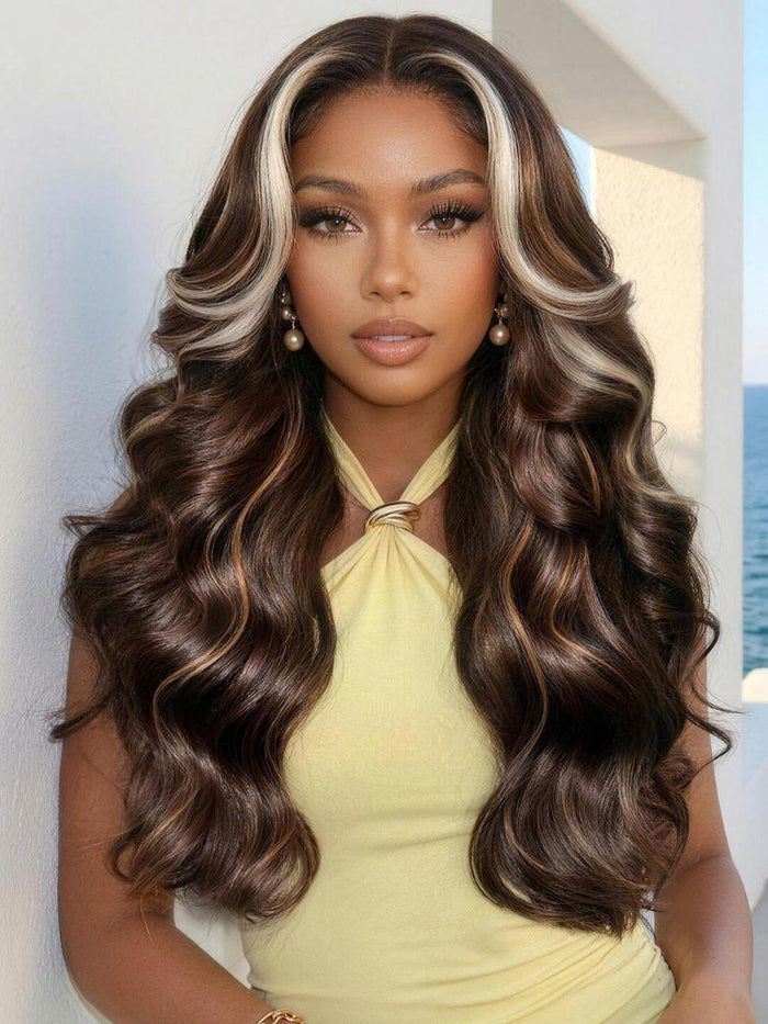 UNice 7x5 Bye Bye Slip™ Lace Chocolate Brown Loose Wave Drawstring Wig with Platinum Blonde Highlighted Face Framing Layers