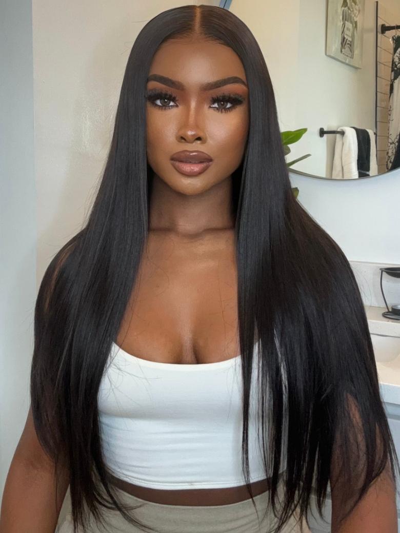 200% Density 13x4 Transparent Lace Frontal Black Straight Pre-Plucked Human Hair Wig with Baby Hair