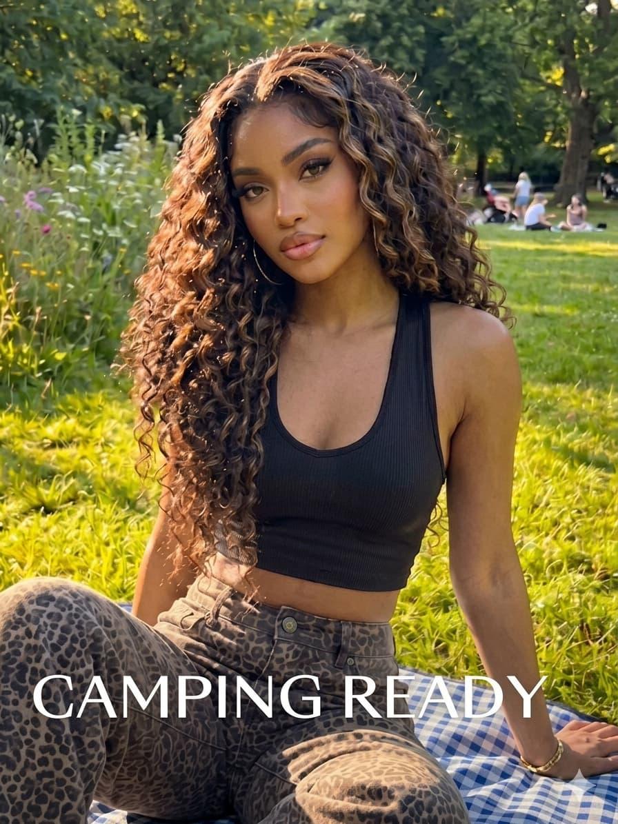 UNice 7x5 Bye-Bye Slip Lace Water Wave Black Wig With Golden Brown Highlights 150% Density Perfect Beach