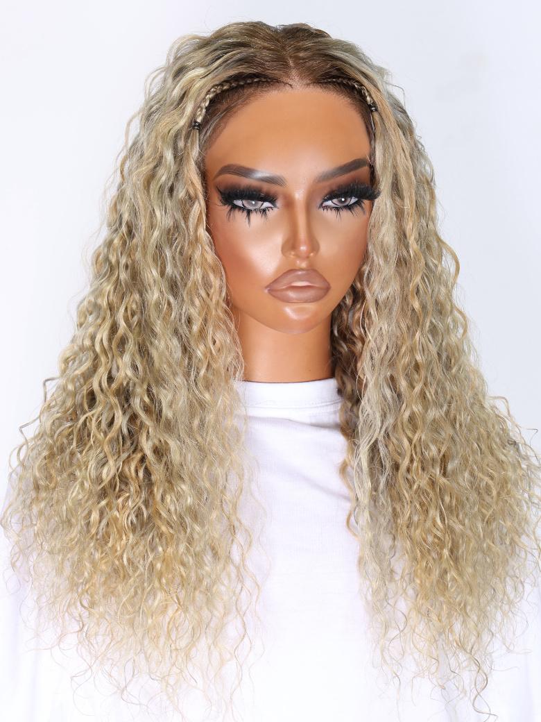 13x4 Lace Front Glossy Blonde With Silver Highlight Water Wave Wig