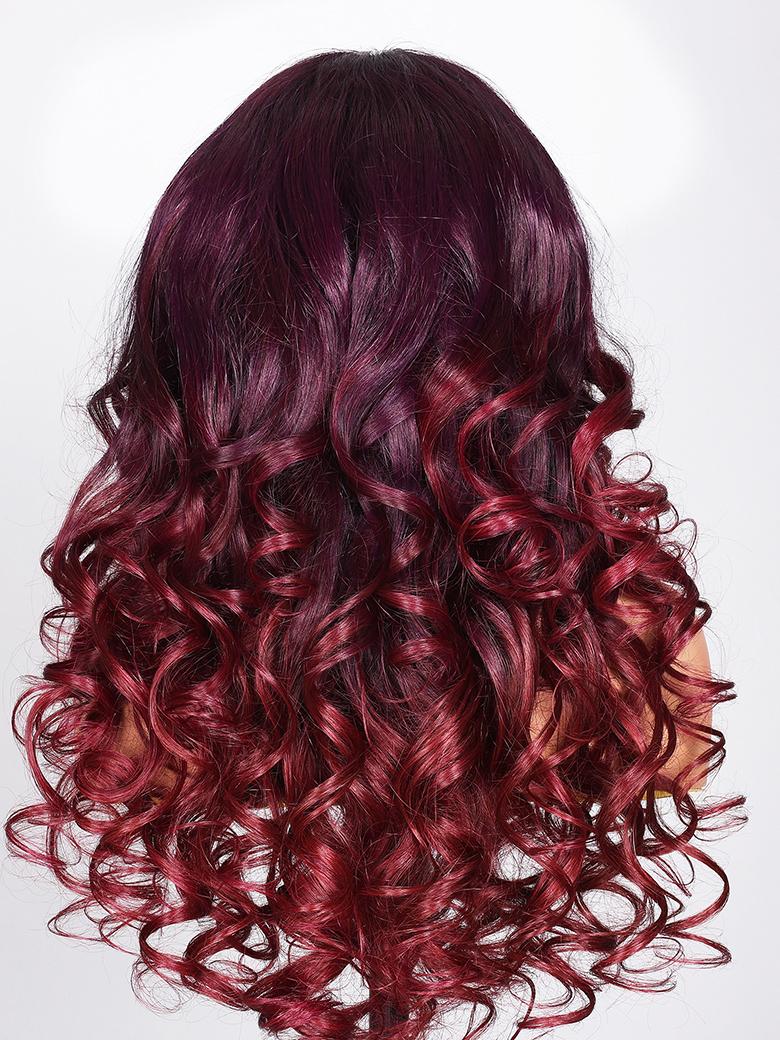 UNice 13x4 Lace Front Burgundy Loose Wave Wig With Ruby Red Face Framing Highlights