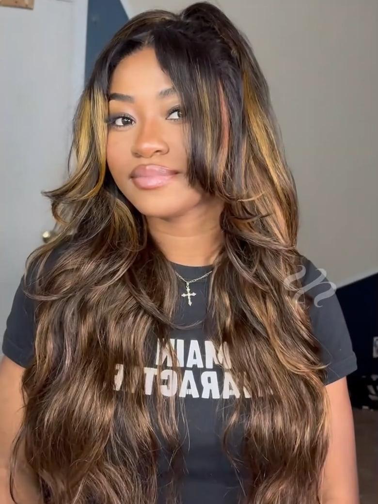 7x5 Bye Bye Slip™ Balayage Highlight Body Wave & Curtain Bangs Wig – Glueless Lace Pull & Go with Invisi Drawstring