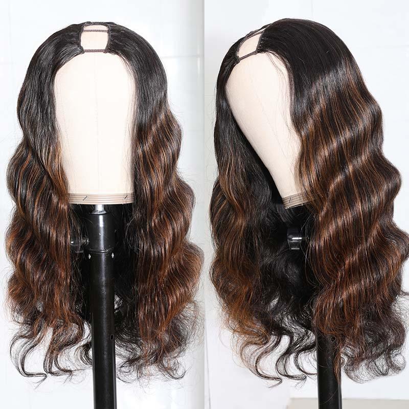 UNice Glueless Brown Highlight U Part Body Wave Wig 3 Minutes Install