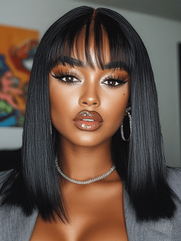 2x4 Lace Closure Yaki Straight Bob Wig with Chinese Bangs 150% Density