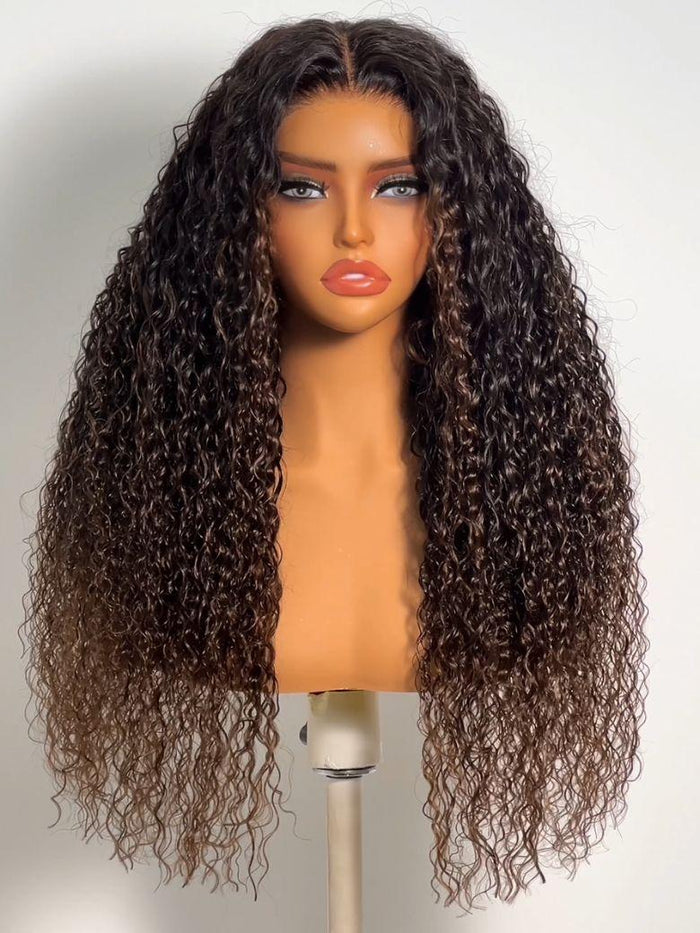 UNice 7x5 Bye Bye Slip™ Glueless Lace Black to Chestnut Brown Ombre Bouncy Water Wave Curly Wig with Invisi Drawstring