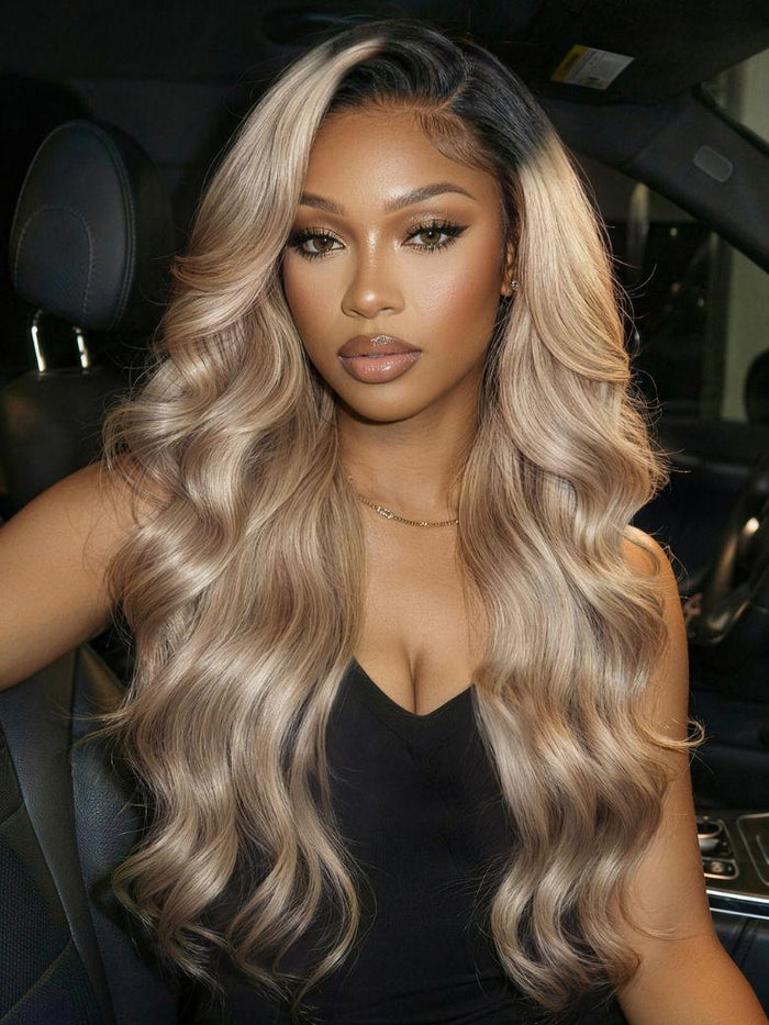 UNice 13x4 Bye Bye Slip™ Lace Frontal Ash Blonde with Beige Blonde Highlights Body Wave Wig with Side Part Bangs
