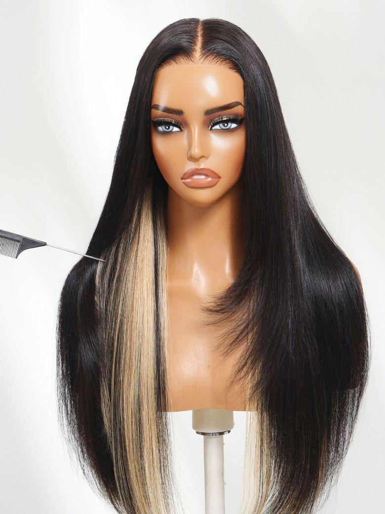 UNice Bye-Bye Slip™ 7x5 Lace Black with Blonde Peekaboo Highlights Layered Straight Wigs with Invisi Drawstring 150% Density